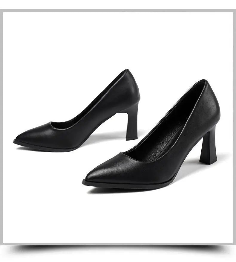 Black Women's Pumps 6-8cm Heel Soft PU Leather Non-slip Single Shoe Professional Interview High Heels Mid Heeled Work Shoes