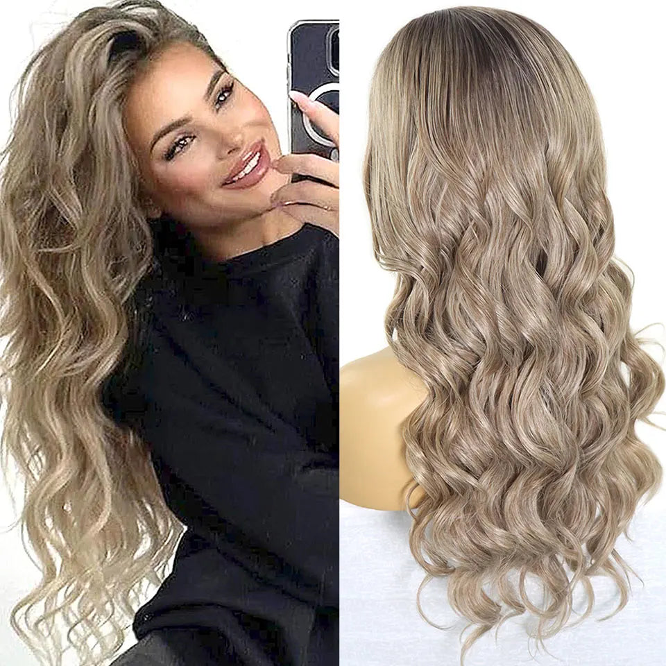 Loose Wave Ash Blonde Wig Dark Roots Synthetic Lace Front Wigs 13x4 Colored Grey Transparent Lace Curly Wig For Women Daily Use