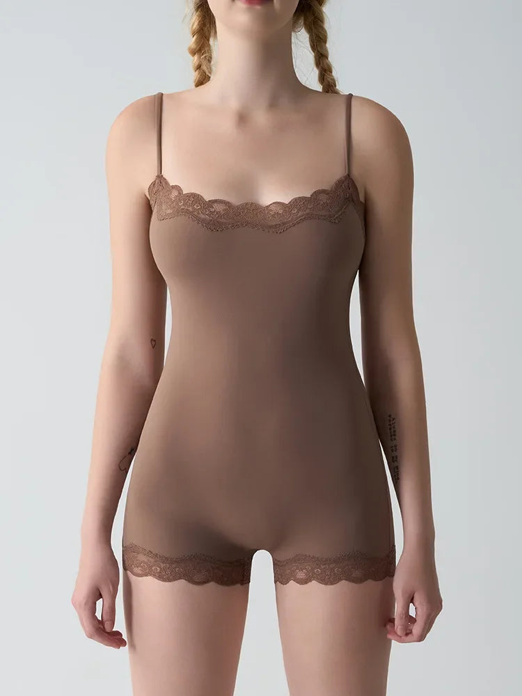 Square Neck Spaghetti Strap Bodysuits Lace Trim Women Sleeveless Slimming Bodycon Jumpsuit Romper