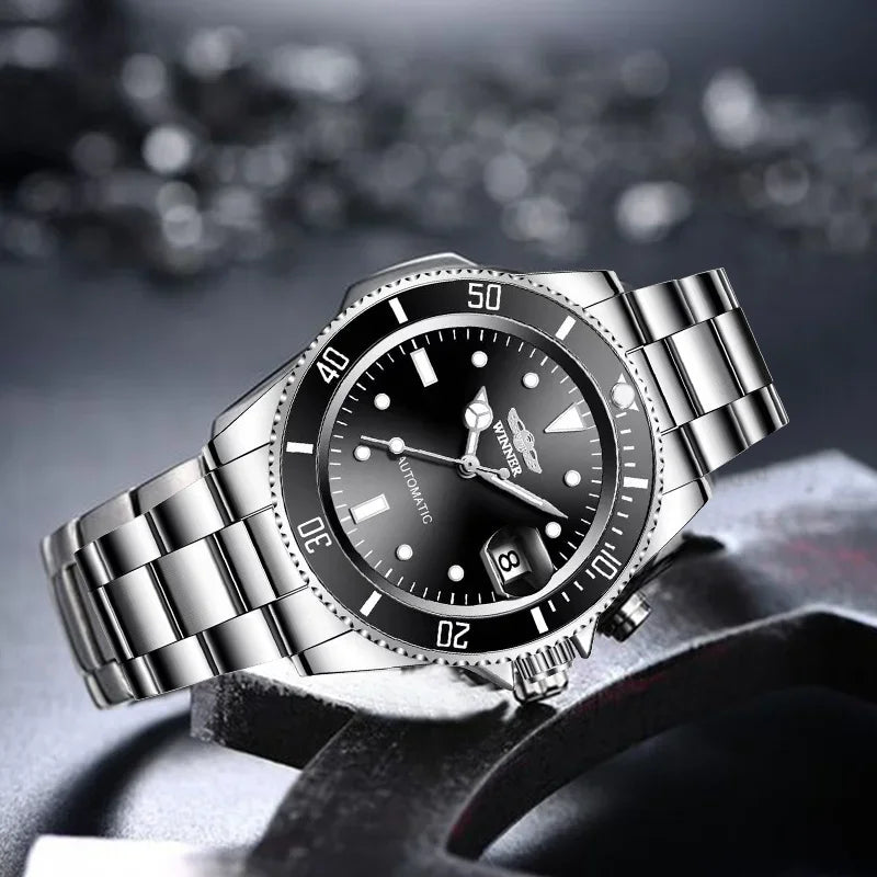 Classic Mechanical Watches Luxury Brand Business Automatic Watch for Men Rotatable Bezel Luminous Dial Steel Strap Clock