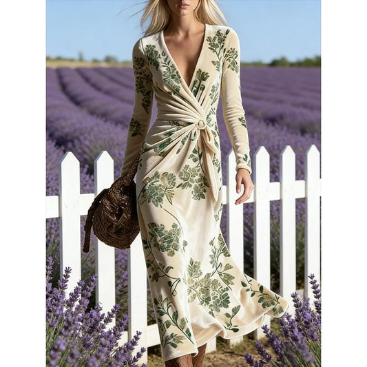 Bohemian Cream Green Botanical Print Velvet Maxi Dress Women Long Sleeve Wrap V Neck Twist Front Stretchy Casual&Farmhouse Dress