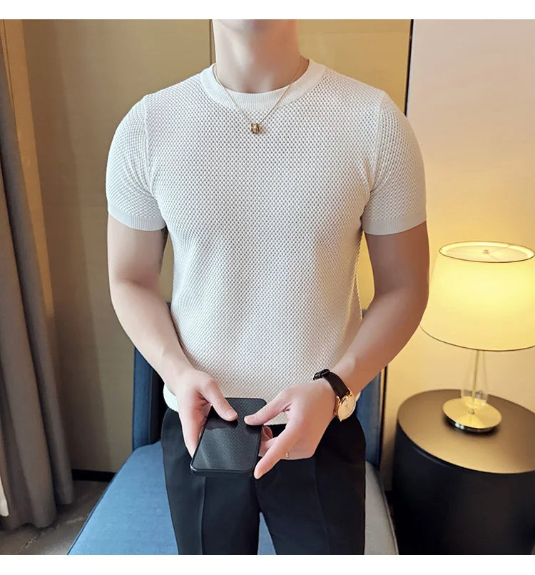 Summer Breathable T-Shirts For Men Korean Luxury Clothing O-Neck Short Sleeve Knitted Men's T Shirt Fashion Hollow Tops&Tees 3XL