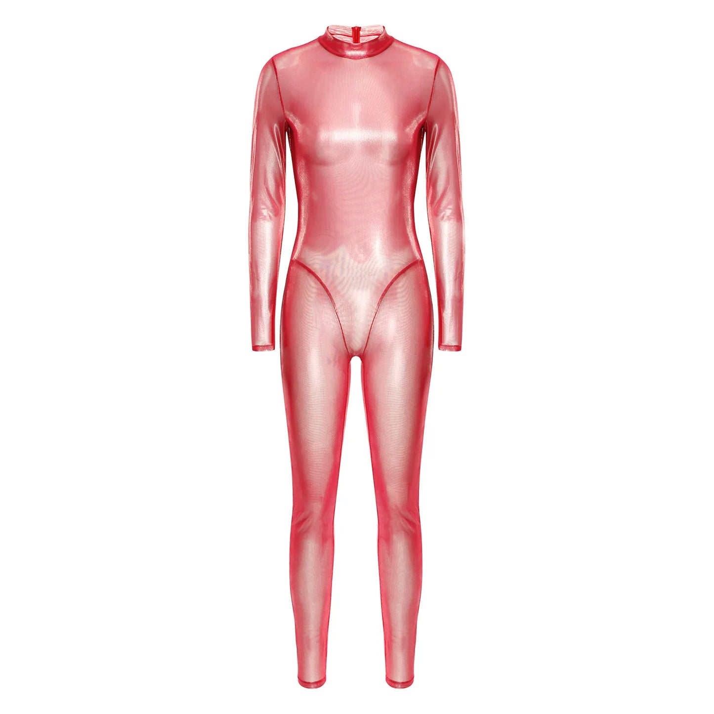 Women Metallic Shiny Full Body Unitards Jumpsuit Rave Nightclub With Back Zipper