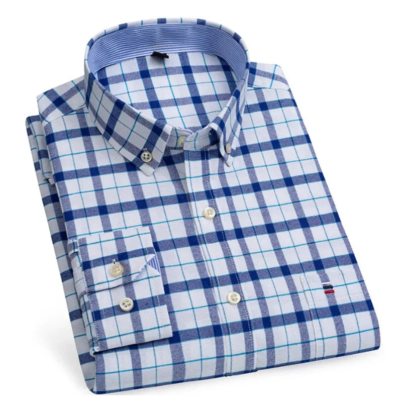 Men's Classic Plaid Oxford Long Sleeve Shirts Pocket 100% Cotton Business Casual Formal Standard Fit Workwear Button Down Shirts