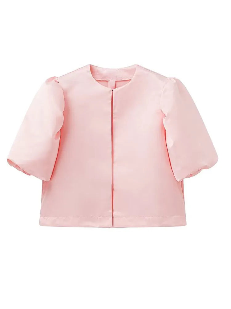 Spring Summer New Women's Fashion Casual Shirt Satin Bubble Sleeves Round Neck Loose Short Top Female Elegant Solid Blouses