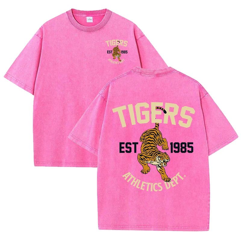 Tigers Est 1985 Sport Print Washed Women T-Shirt Summer Casual Retro T Shirts Snow Wash Tee Top Loose Unisex Retro Streetwear