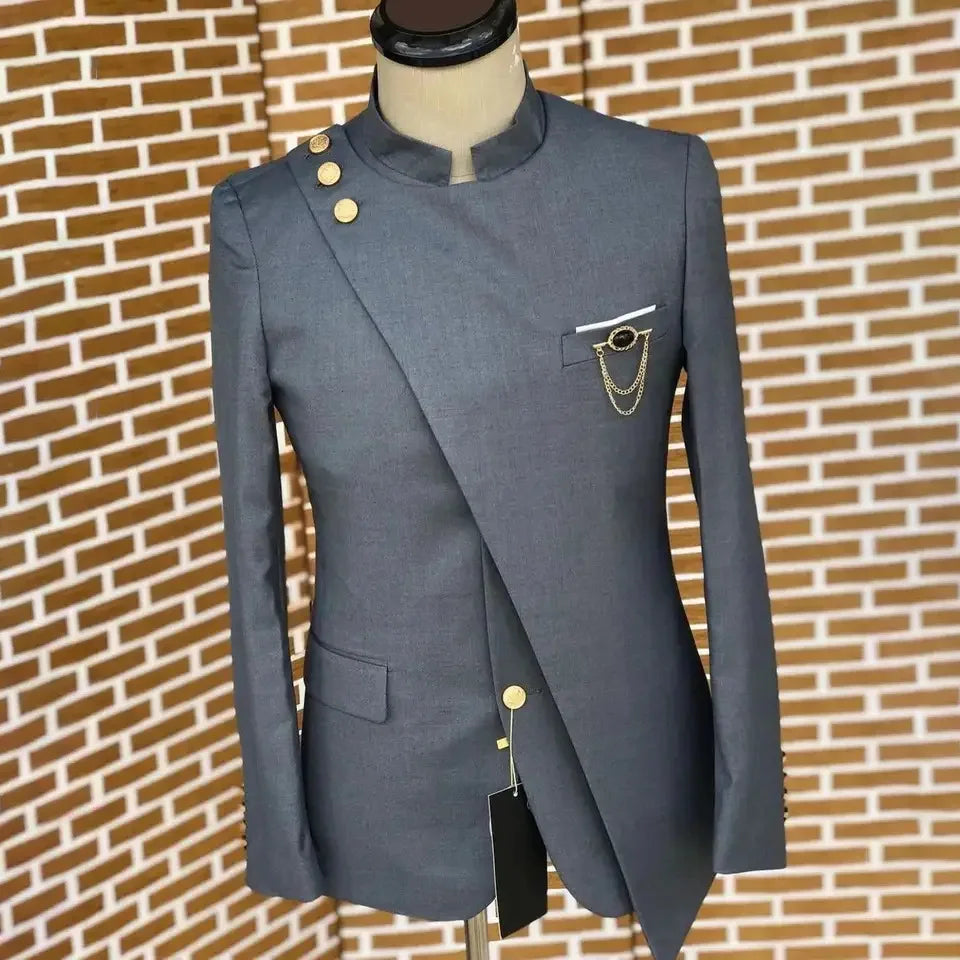 Men Blazer Suits 2 Piece Set Party Coat Straight Pants Ensemble Stand Collar Buttons Trousers Suit Jacket Outfits Autumn 2025