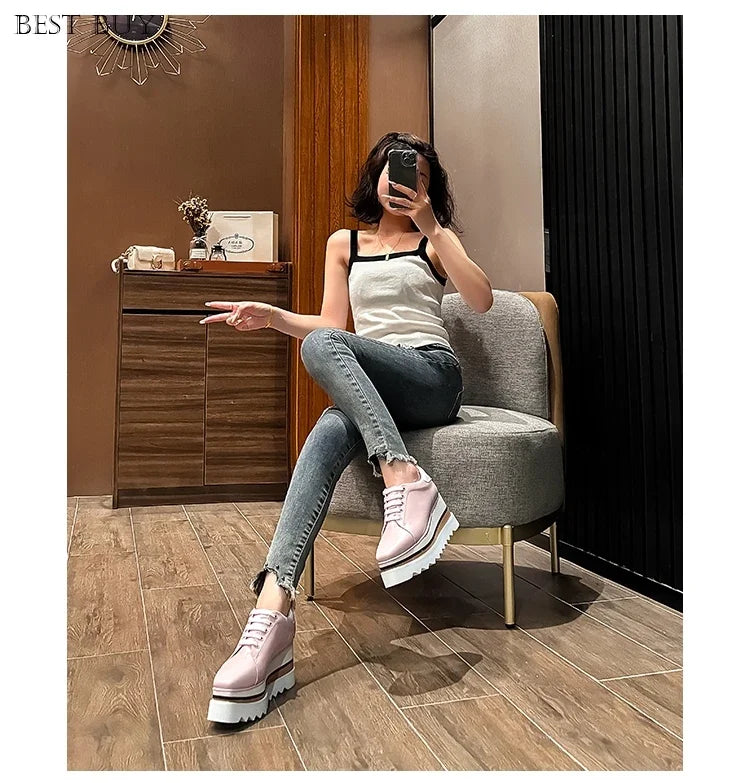 New beige Women Platform Casual Shoes 2024 Spring Black Casual Chunky Sneakers Women Real Leather White Height Increasing Shoes