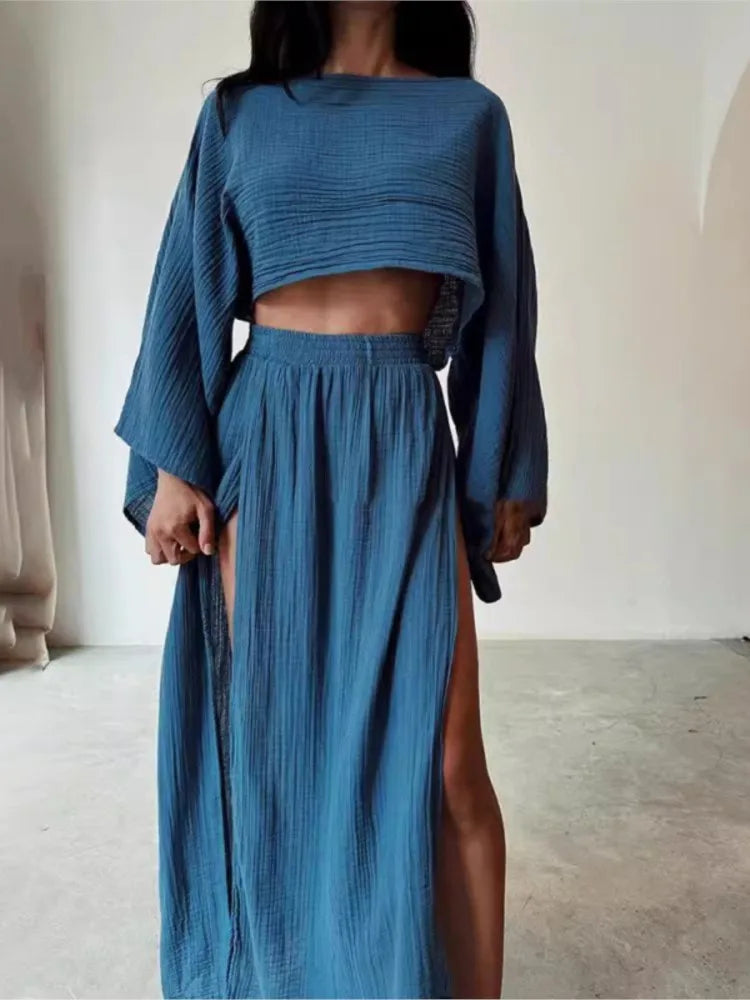 Casual Holiday Style Simple Solid Color Skirt Set Linen Blended Short Top High Waist Chic Split Cotton Linen Two-piece Set