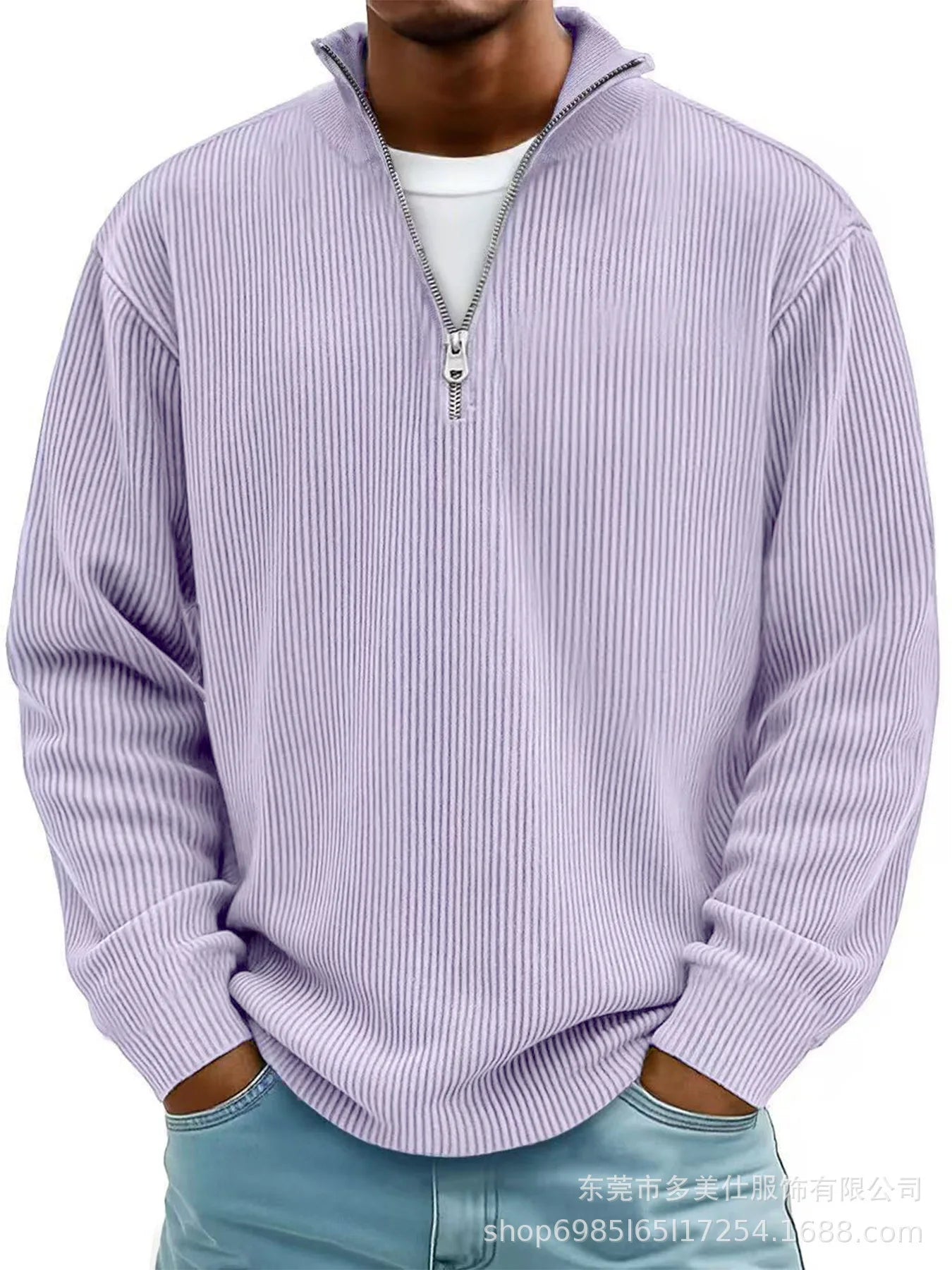 autumn/winter new men's fashion versatile casual stand up collar half zipper design corduroy long sleeved polo shirt sweatshirt
