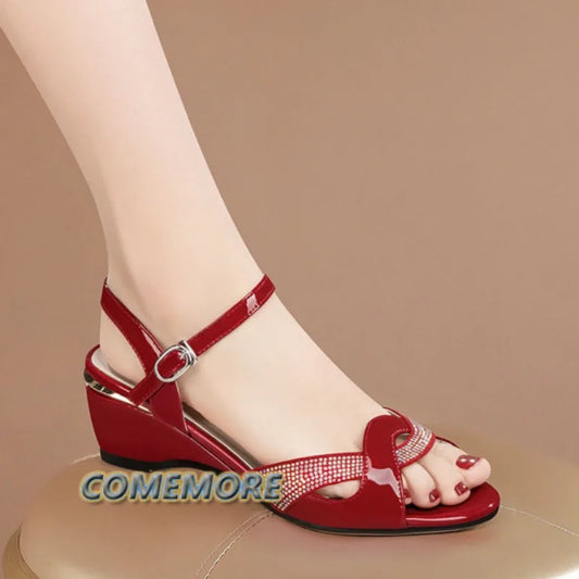 2025 Women's Elegant Mid Heel Sandals Fashion Sexy Rhinestone Summer Shoes Ankle Buckle Strap Peep Toe Blue Red Casual Footwear