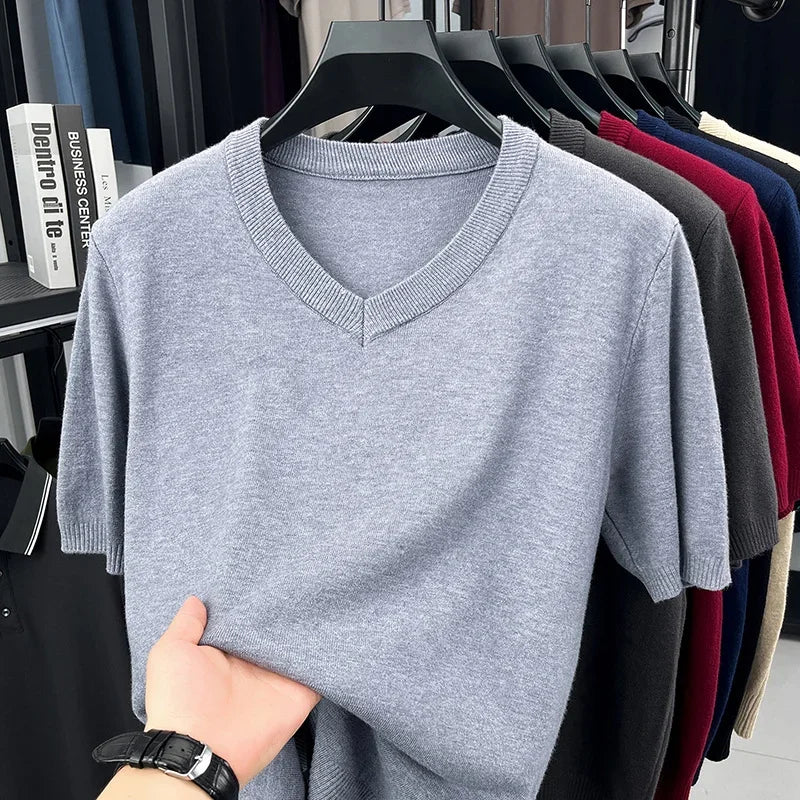 Mens V Neck Short Sleeve Wool Knit Pullover Soft Thin Knitwear For Business Office Daily Casual Spring Summer Basic Tops