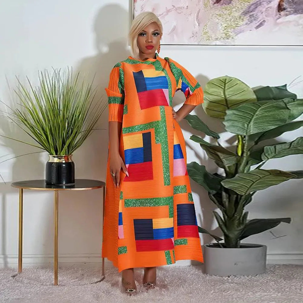 African Dresses for Women Summer Fashion Style African 3/4 Sleeve Polyester O-neck Pleated Dress Dashiki African Clothes Women