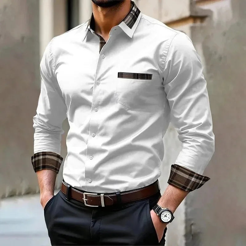Men's pocket casual formal shirt, available in 12 colors, stylish and comfortable long sleeved shirt, suitable for weddings and