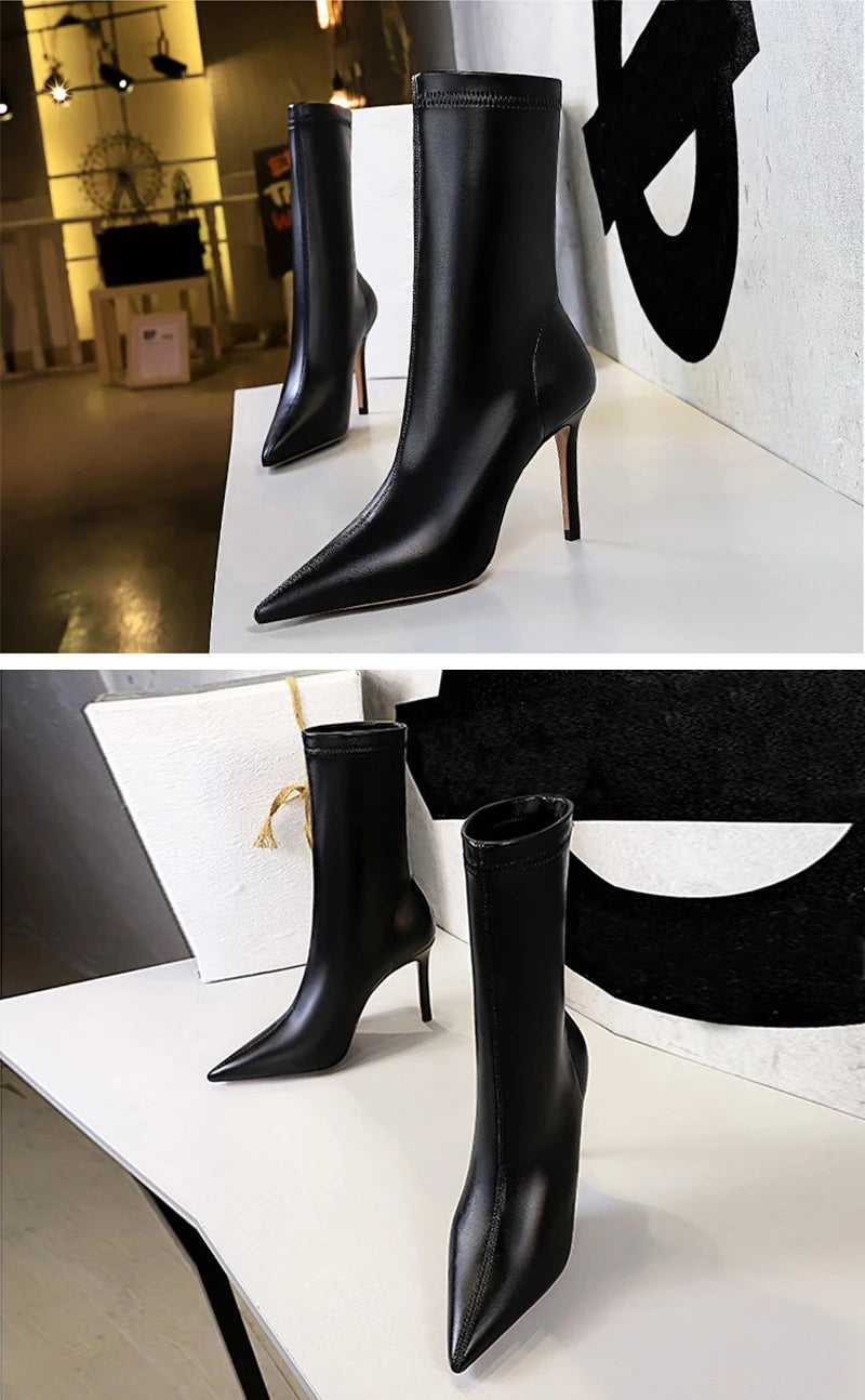 Eilyken Fashion Winter High Quality Soft PU Leather Socks Women Ankle Boots Street Style Pointed Toe Thin Heels Ladies Botines