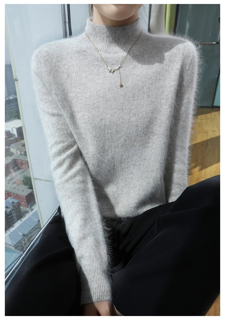 2024 Autumn And Winter New Women's Semi High Neck New Fashion Mink Sweater Long Sleeved Loose Sweater Slimming Knit Sweater Base