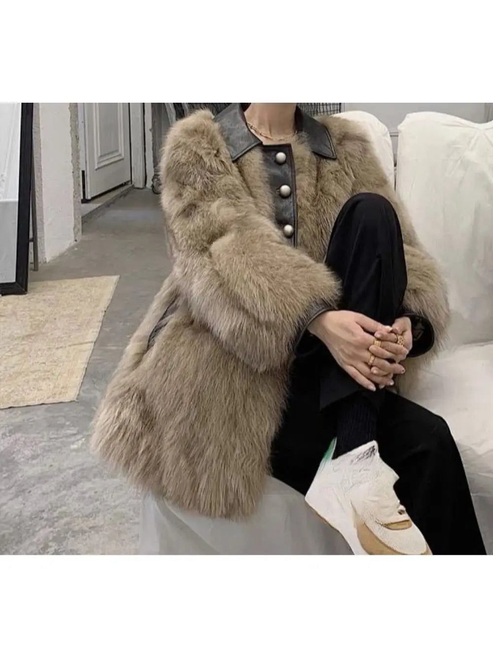 Fashionable Fuzzy Coat - Eco-friendly Fox Fur Coat for Women Young, Mid-length Style