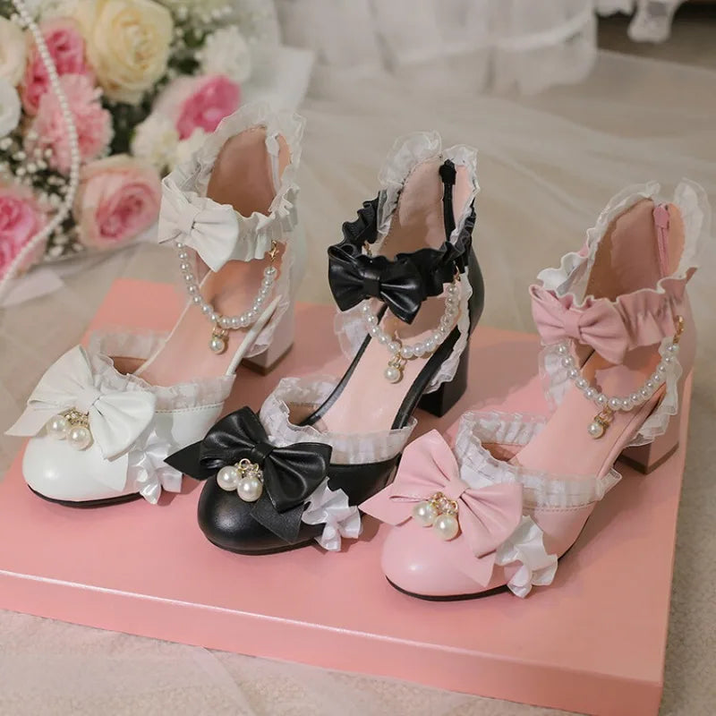 Ochanmeb Sweet Kawaii Girls Lolita Shoes Thick High Heels Cosplay Pumps Bow Knot Pearls Chain Ruffles Lovely Wedding Party Pumps