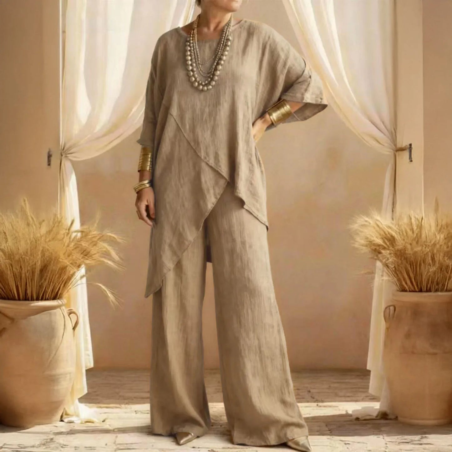Women's Cotton Linen 2-piece Sets Large Size Casual Wear Sportswear Suit Short-Sleeved O-Neck Top Wide Leg Pants Suits For Women