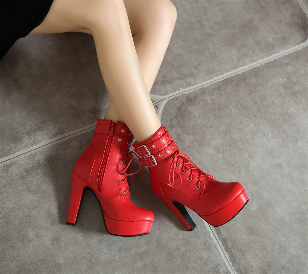 Women Ankle Boots Platform Lace-Up High Heels Short Boot Female Buckle Autumn Winter Red Yellow White Sexy Shoes Large Size34-46