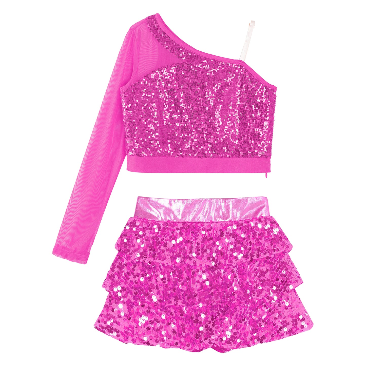 Kids Girls Dance Dresses Latin Jazz Modern Dance Show Costume Sequin Long Sleeve Crop Tops and Skirted Culottes Cheer Dancewear