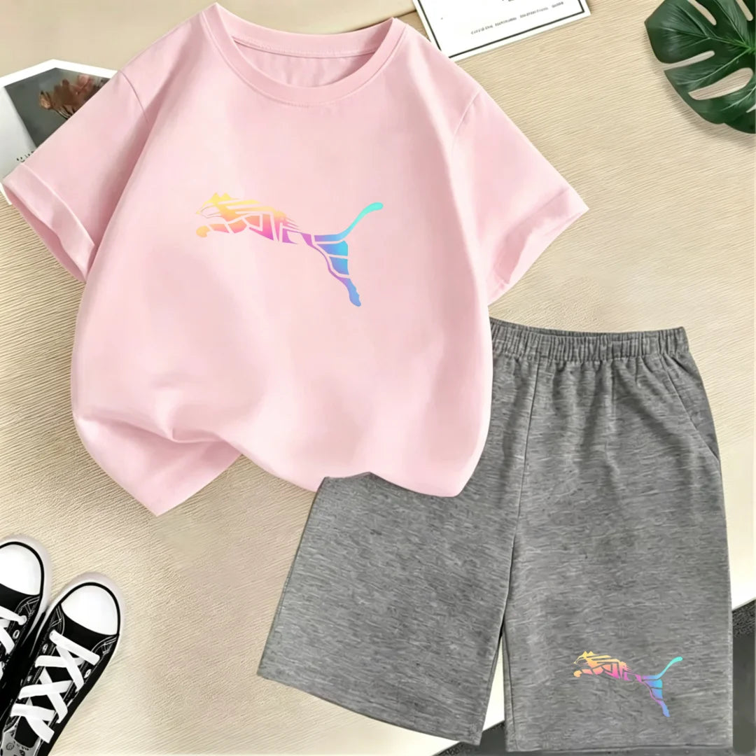 Kids Summer Casual Round Neck T-shirt Colorful Gradation Animals Boy Girl3-12Yrs Short-Sleeved+Shorts Fashion Sports Clothes Set