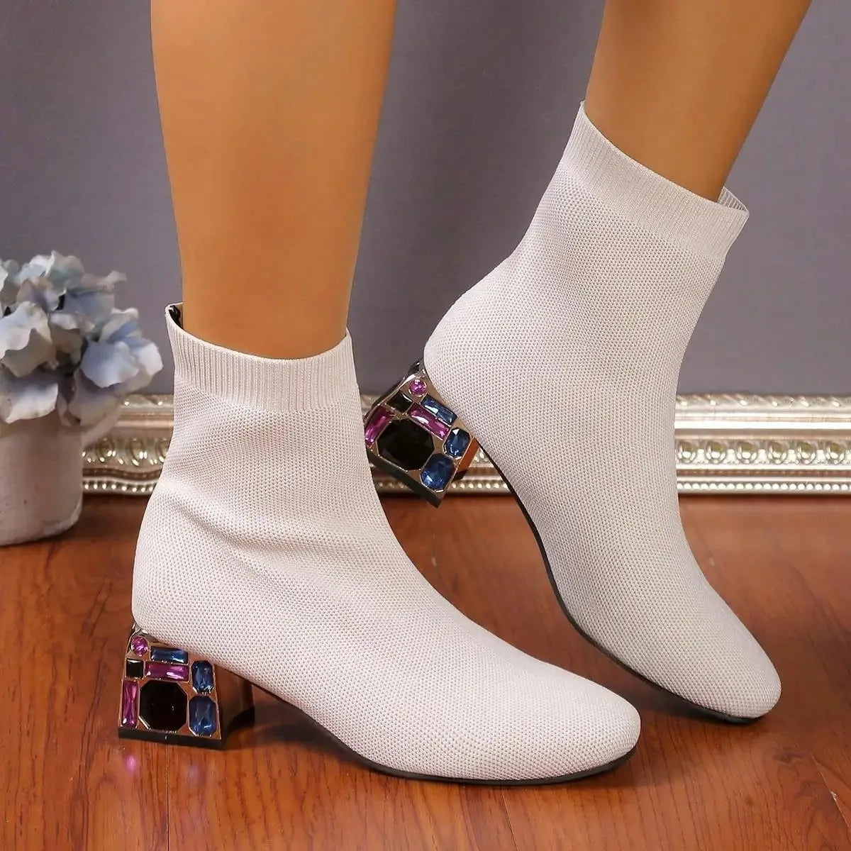 Women Hot Sale High Heels Short Boots 2023 Winter Designer Square Toe Mesh Breathable Stretch Sock Boots Slip on Platform Shoes