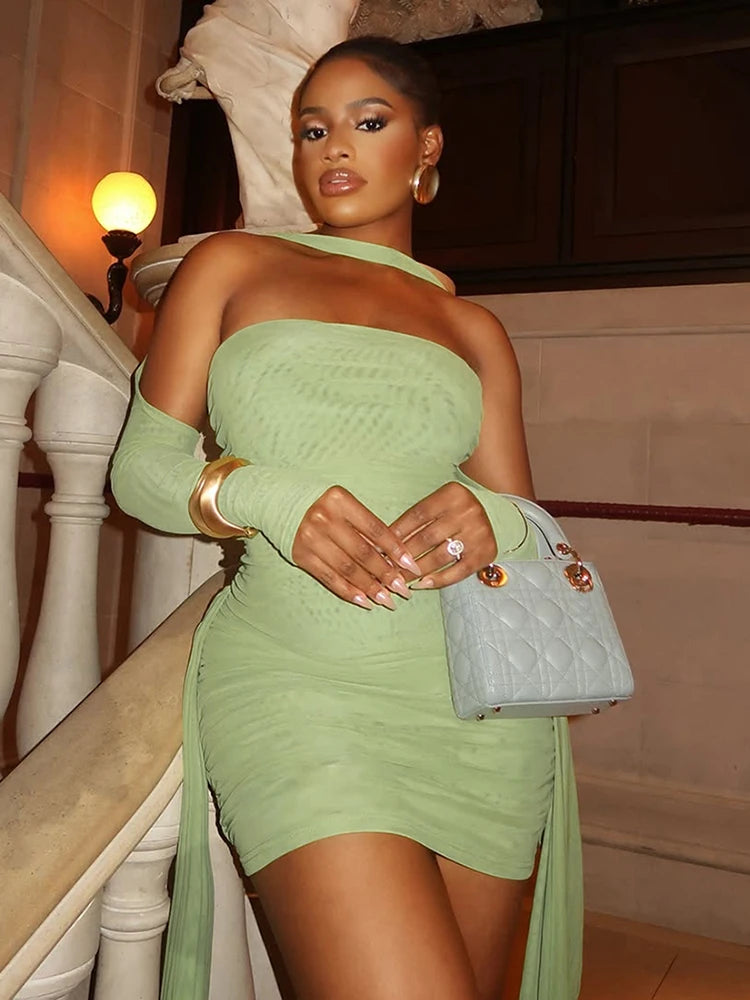 Sisterlinda Mesh Simple Mini Dress Fashion Solid Strapless Ribbons Tassel Body-shaping Vestidos+Seperately Full Sleeve Gloves