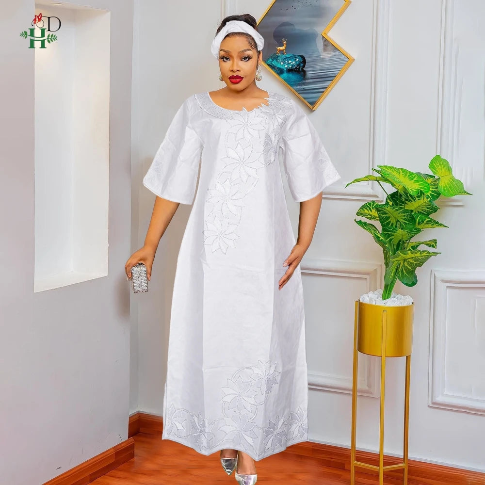 H&D New Style African Clothes For Women Traditional Embroidery Dresses Blue Bazin Women High Quality Party Wedding Occasion
