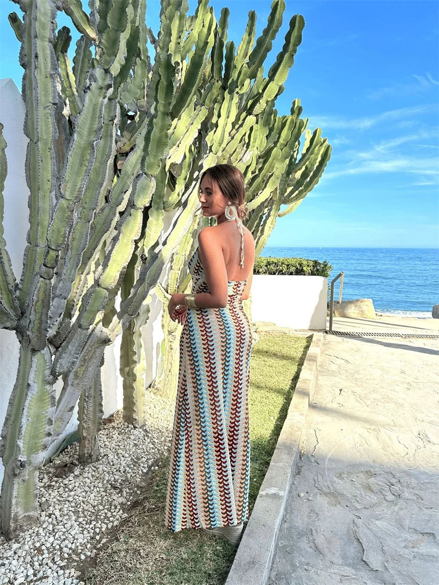 Ladies Deep V Neck Sleeveless Backless Halter Maxi Dress For Party Beach