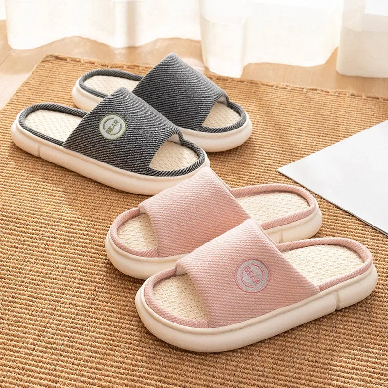 Couples Home Linen Slippers Women Indoor Soft Comfortable Bedroom Slides Men Leisure Non Slip House Shoes Platform Cotton Flats