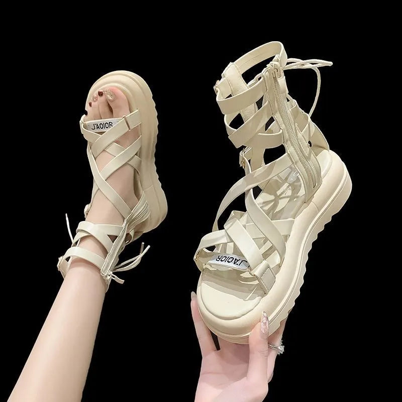 Women'S Sandals, Summer Thick Soles, Cross Woven, Versatile, Back Zippered, Casual Street Style