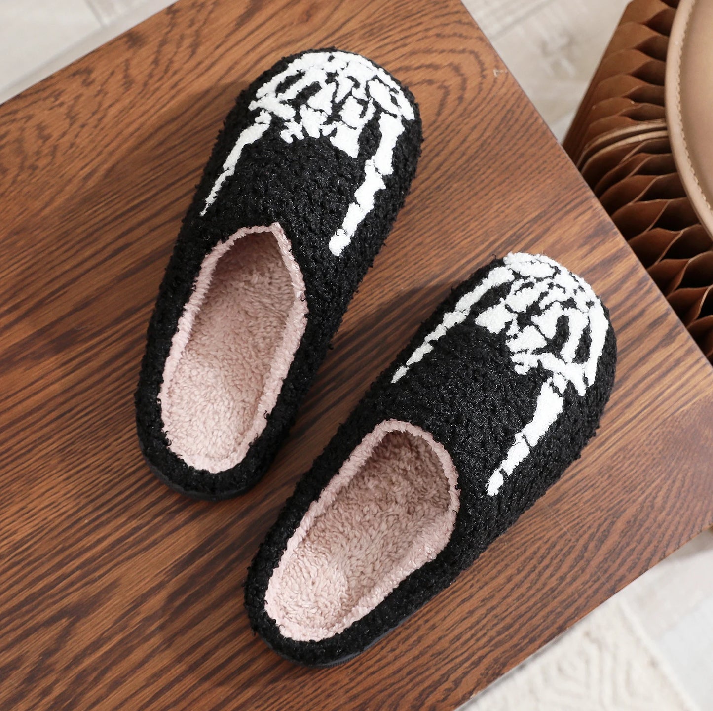 Skull Toe Pattern Personality Dark Style Embroidery stuffed Home Platform Cozy Fur Cotton Slippers Warm Non-slip Indoor Slippers Men Women Halloween Gift