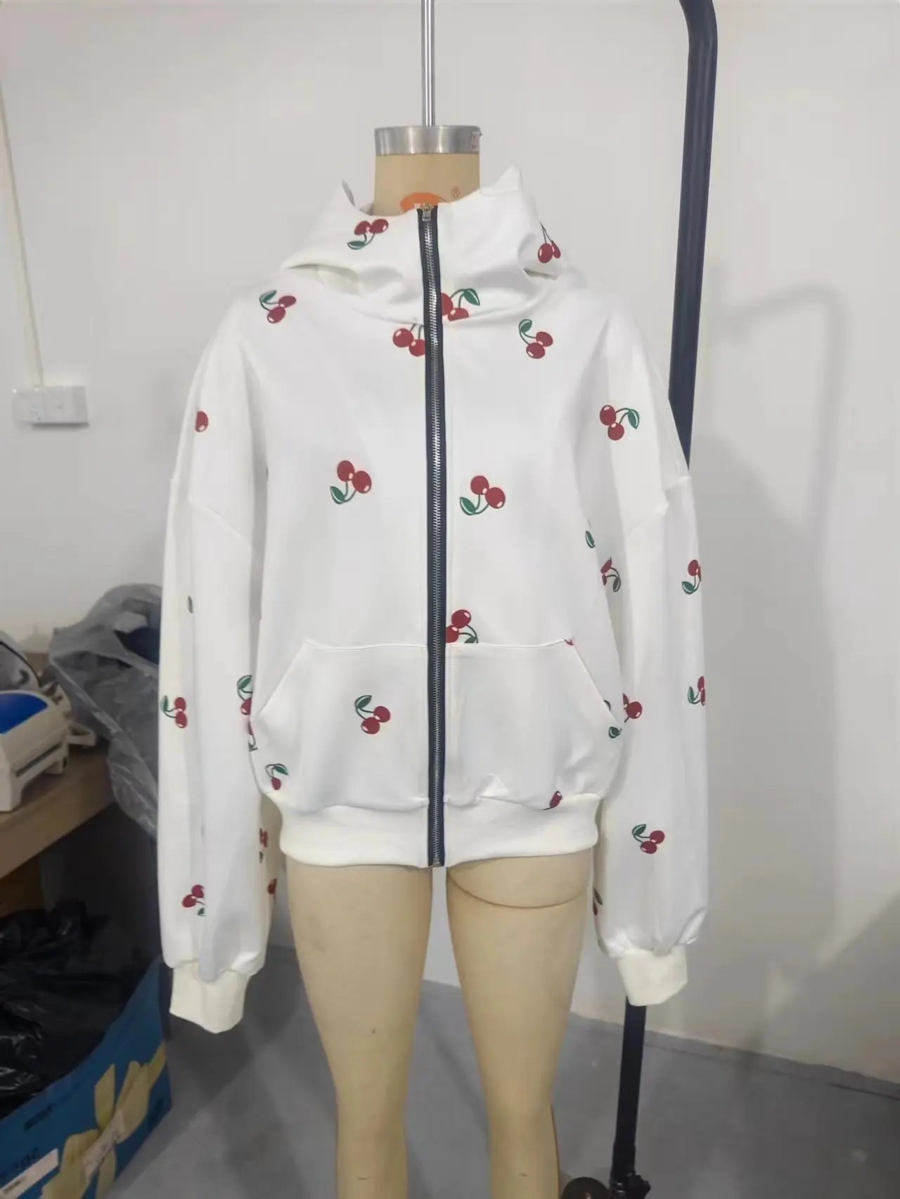 Women's Cherry Printed Sweatshirt Jacket 2025 Autumn Street Style Fashion Trendy Brand Loose Versatile Sports Hoodie Female New
