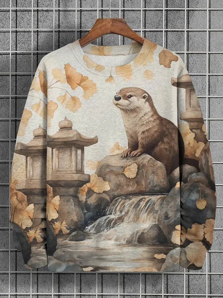 Japanese Fashion Men's Sweatshirt Funny Animal Graphic Ukiyo-e O-Neck Pullover Casual Pullover Tops Regular Fit Polyester Shirt