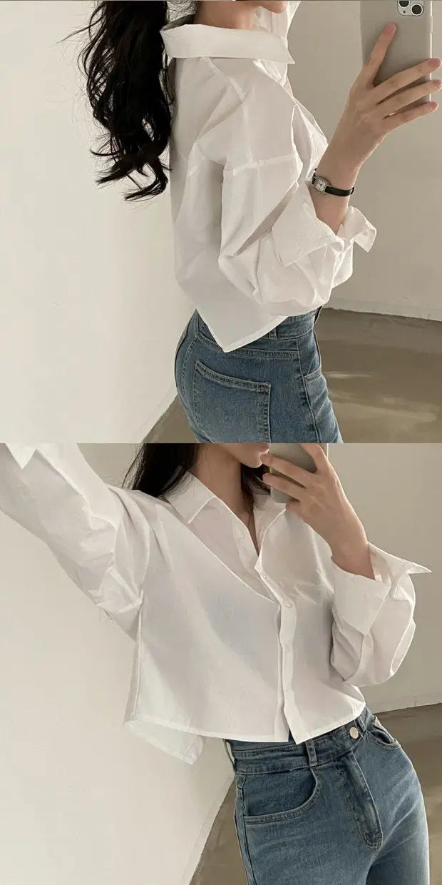 Zadily White Casual Long Sleeve Crop Top Blouse Korea Style Women Spring 2023