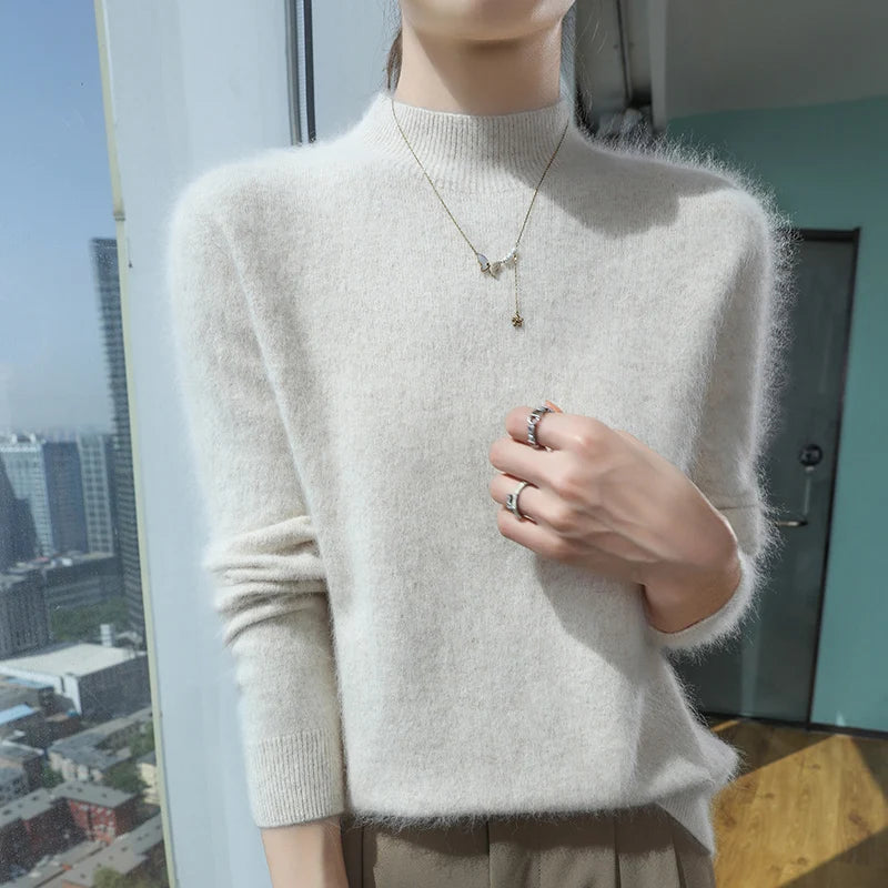 2024 Autumn And Winter New Women's Semi High Neck New Fashion Mink Sweater Long Sleeved Loose Sweater Slimming Knit Sweater Base