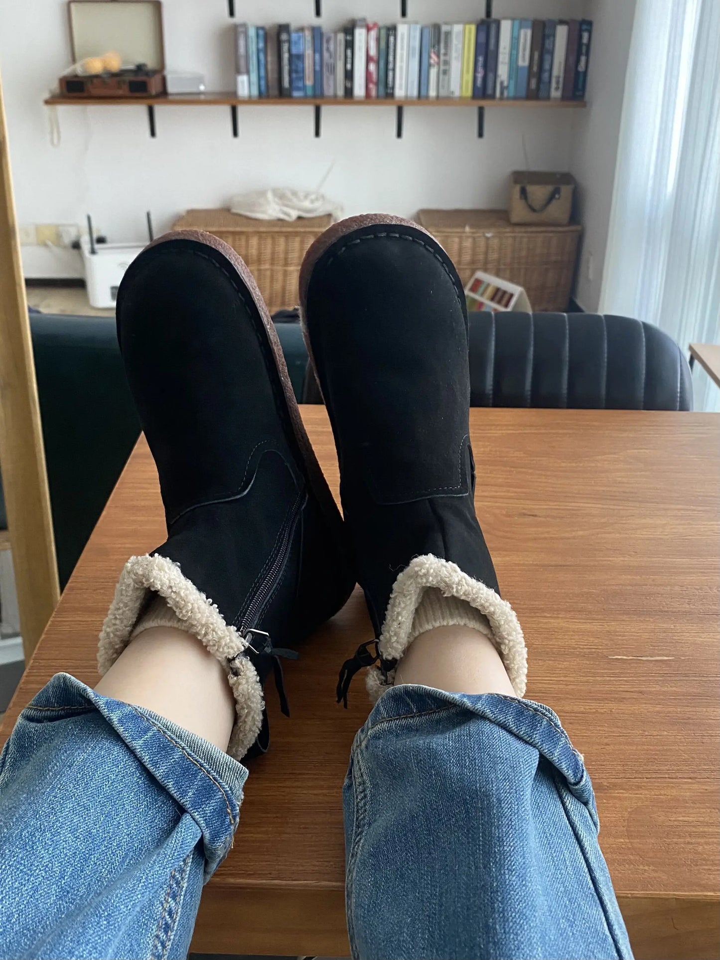 Careaymade-Genuine cow leather Snow cotton round head flats woolen short boots plush warm snow boots Oversized shoes size 35-43