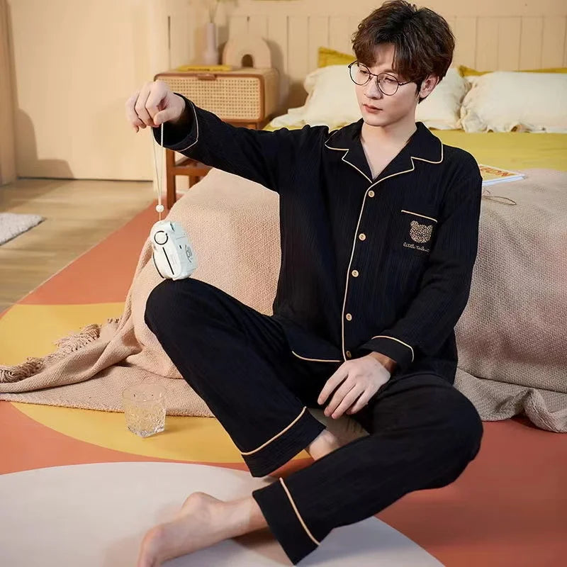 Pajamas for Men Spring and Autumn Long-Sleeved Young Men's Simple Casual Lapel Autumn and Winter Home Wear Set