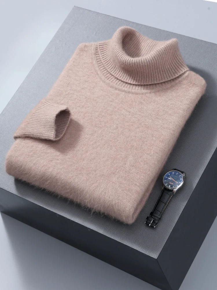 Men's 100% Mink Cashmere Sweater High Lapel Thick Knitted Pullover Casual Large Size Middle-Aged Sweater Autumn Winter New Tops