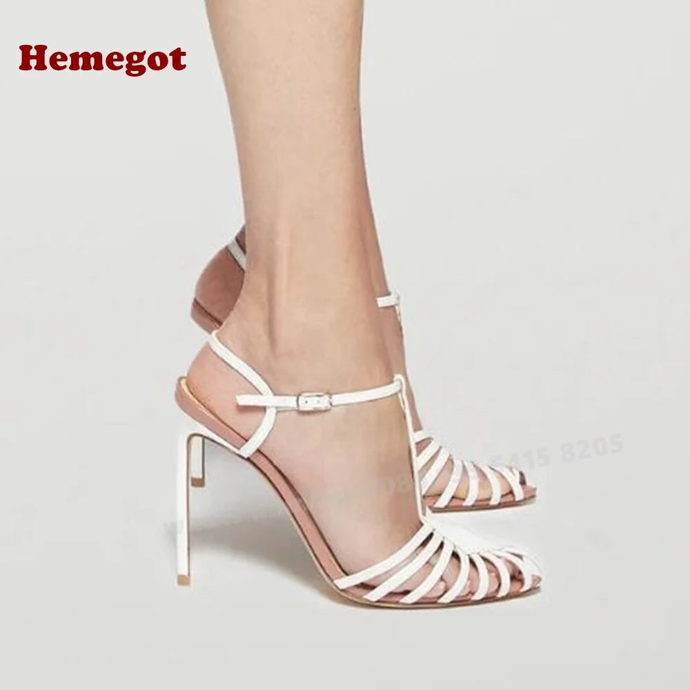 Cut Out T-Strap Sandals Pointy Toe Stiletto Slingback Buckle Women's Sandals Thin High Heels Sexy Splicing Party Shoes Summer
