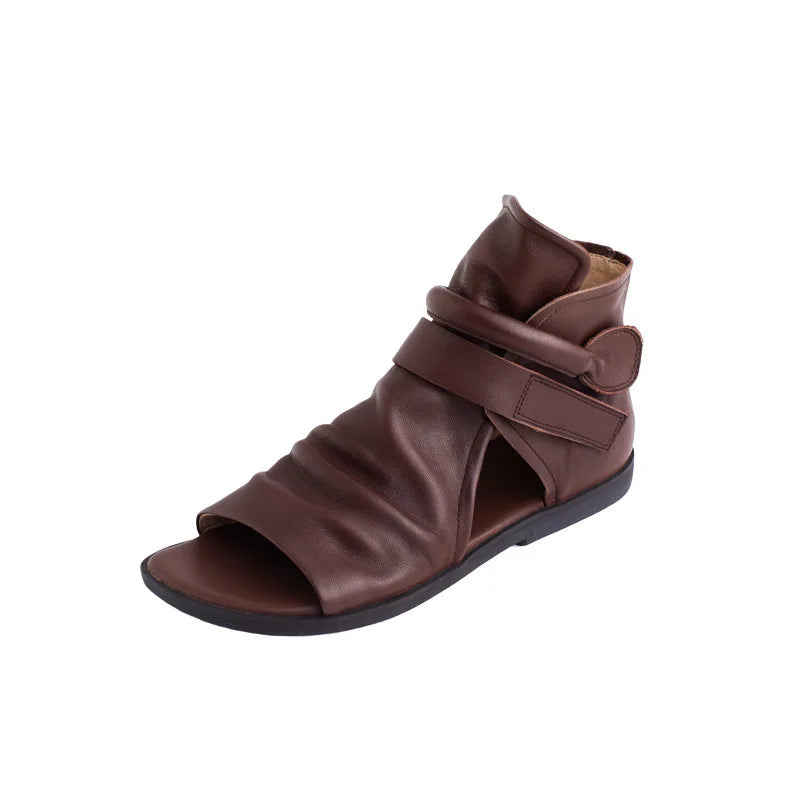 Summer Genuine Leather Cool Boots Women's Vintage Flat Bottom Sandals Women's Topcoat Cowhide Open Toe Zipper Thick Sole Ro