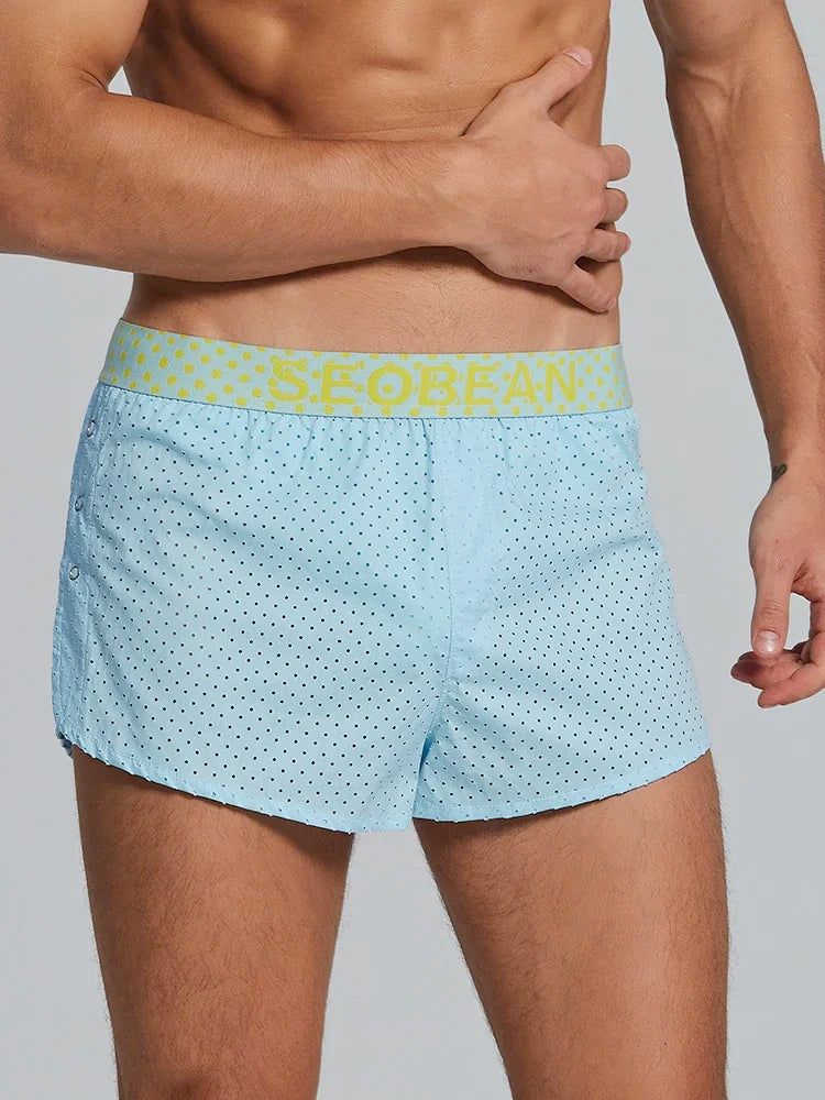 Summer new woven pure cotton Aro pants with side split button design, breathable mesh single-layer sleeping pants for men
