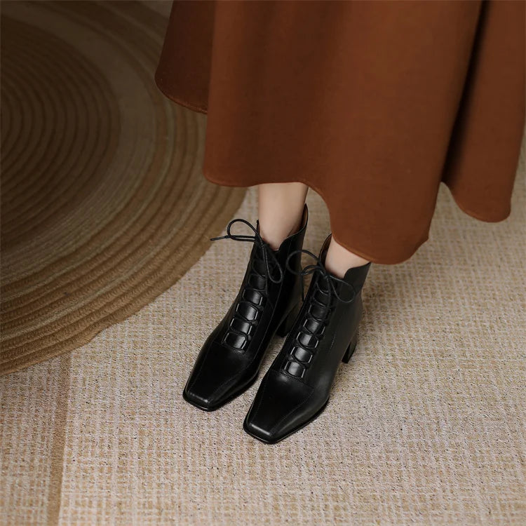 2026 Fashion Women Shoes Split Leather Short Boots Square Toe Chunky Boots Winter Shoes Women Solid High Heel Boots for Women