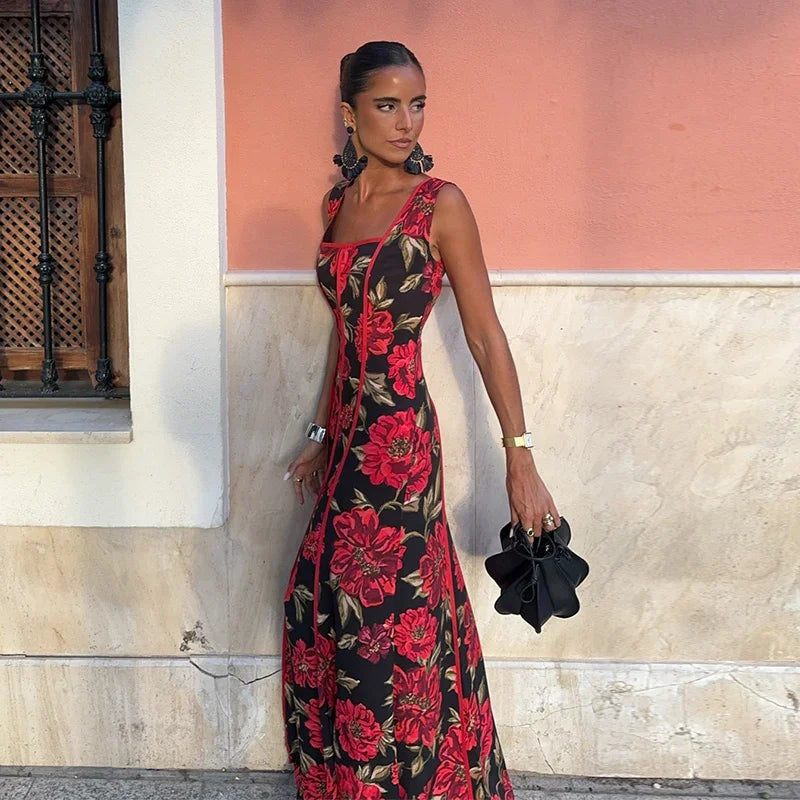 Sexy Printed Flower Long Women's Dress Sleeveless Waist-Closed Slash Neck Lady Dresses Summer Sling Vacation Holiday Robe