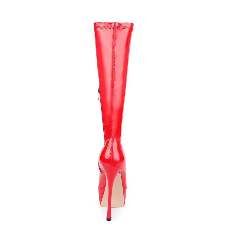 New Women Knee High Boots Patent Leather Pointed 15cm High Heels Winter Short Plush Waterproof Platform Girl Boots Large 34-45