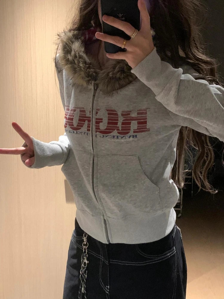 Women American Vintage Letter Print Jacket Antumn Winter Y2K Harajuku Faux Fur Hooede Hoodie Sweet Fashion Hot Girl Sweatshirt BAZAARHUBO