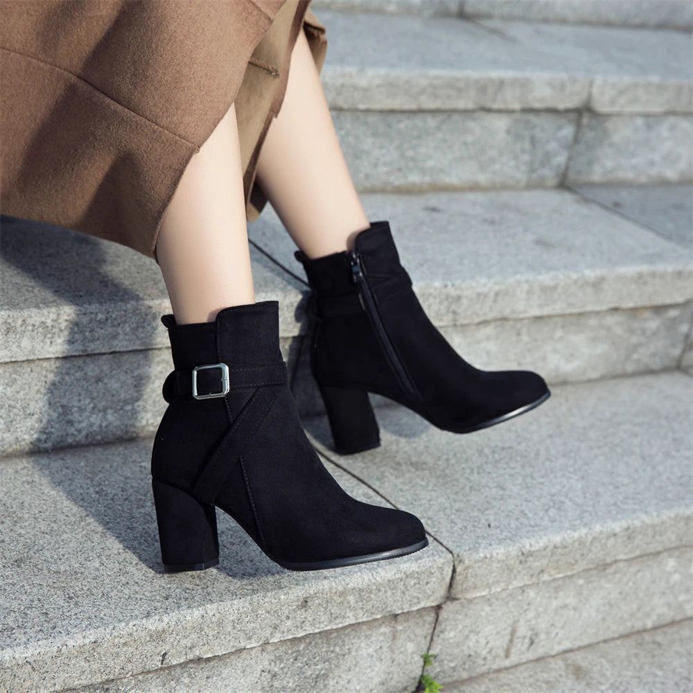 Women High Heels Ankle Boots 2025 Round Toe Elegant Short Booties Ladies Ankle Boots Buckle Decoration Black Blue Autumn Winter