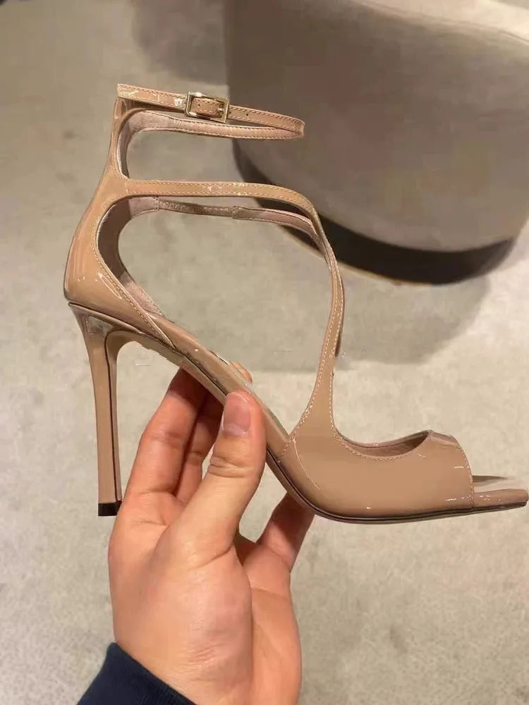2025 European and American Women's New Square Toe Sandals Summer Nude Patent Leather Stiletto Sexy High Heels