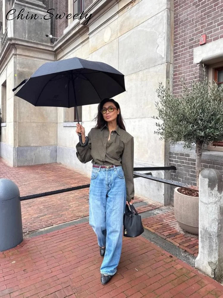 Casual Women's Green Plaid Shirts Loose Lapel Long Sleeve Single Breasted Pockets Female Shirt 2025 Autumn Lady All-match Tops